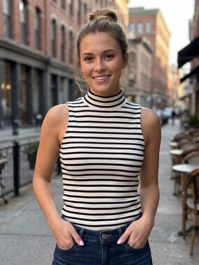 NWT LOFT Striped Ribbed Mock Neck Tank Top Women XS Black White Sleeveless⁠